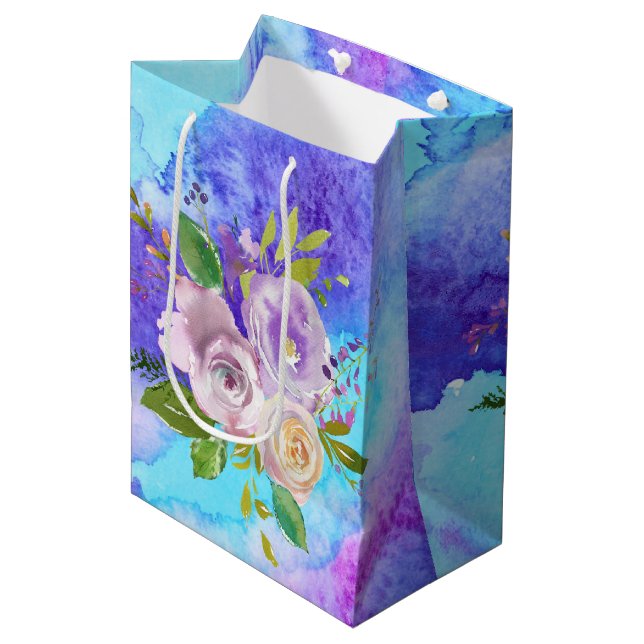Bolsa de regalo mediana con flores de acuarela púr (Angulo Anverso)