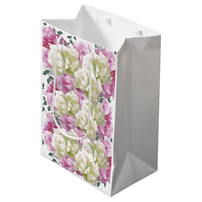 Bolsa de regalo mediana con flores de peonía rosad (Angulo Anverso)