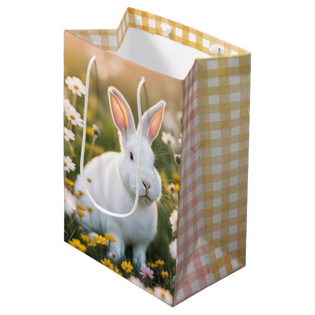 Bolsa De Regalo Mediana Conejo Blanco De Pascua En Daisies (Angulo Anverso)