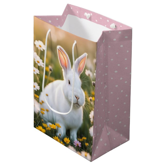 Bolsa De Regalo Mediana Conejo Blanco De Pascua En Daisies (Angulo Anverso)