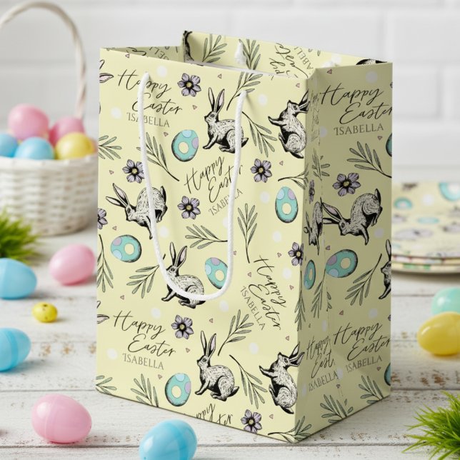 Bolsa De Regalo Mediana Conejo de nombre de pascua feliz amarillo (Cute Happy Easter Pastel Yellow Gift Bags for Kids Egg Hunt with Name. Bunny Rabbit, Eggs & Flowers)