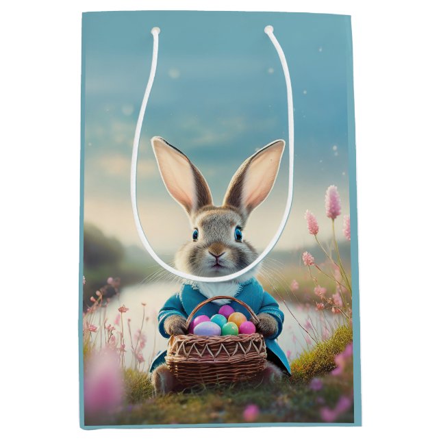 Bolsa De Regalo Mediana Conejo de Pascua con chaqueta azul (Anverso)