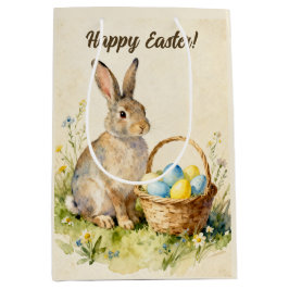 Bolsa De Regalo Mediana Conejo de Pascua Vintage Feliz con Cesta de Huevos