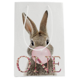 Bolsa De Regalo Mediana Conejo de primer cumpleaños soplando chicle rosa
