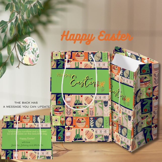 Bolsa De Regalo Mediana Conejo verde rosa colorido (Colorful Pink Green Bunny Medium Gift Bag)