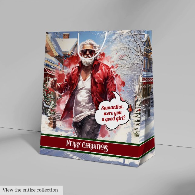 Bolsa De Regalo Mediana Cool Santa Claus Gift Bag Custom Name Keepsake (Cool Santa Claus Gift Bag Custom Name Keepsake)