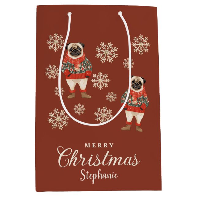 Bolsa De Regalo Mediana Copas de nieve Terracotta Pug Navidades de perro (Anverso)