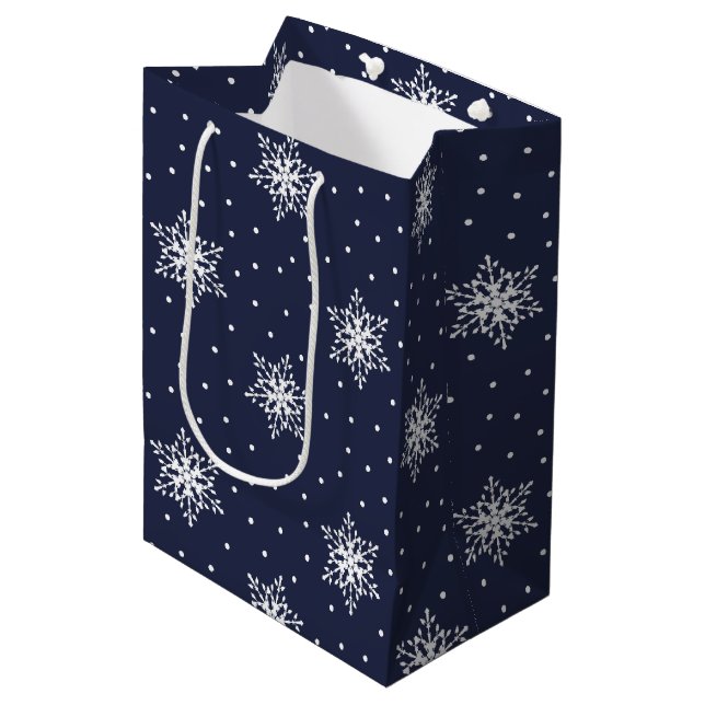 Bolsa De Regalo Mediana Copos de nieve blancos con puntos de polka en azul (Angulo Anverso)