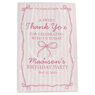 Bolsa De Regalo Mediana Coqueta rosa Bow Pastel Favor de cumpleaños a raya