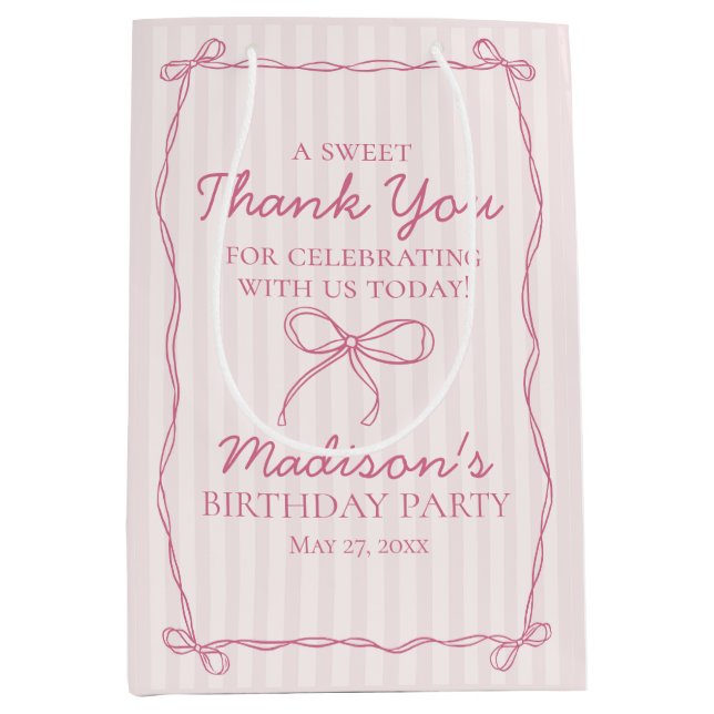 Bolsa De Regalo Mediana Coqueta rosa Bow Pastel Favor de cumpleaños a raya (Anverso)