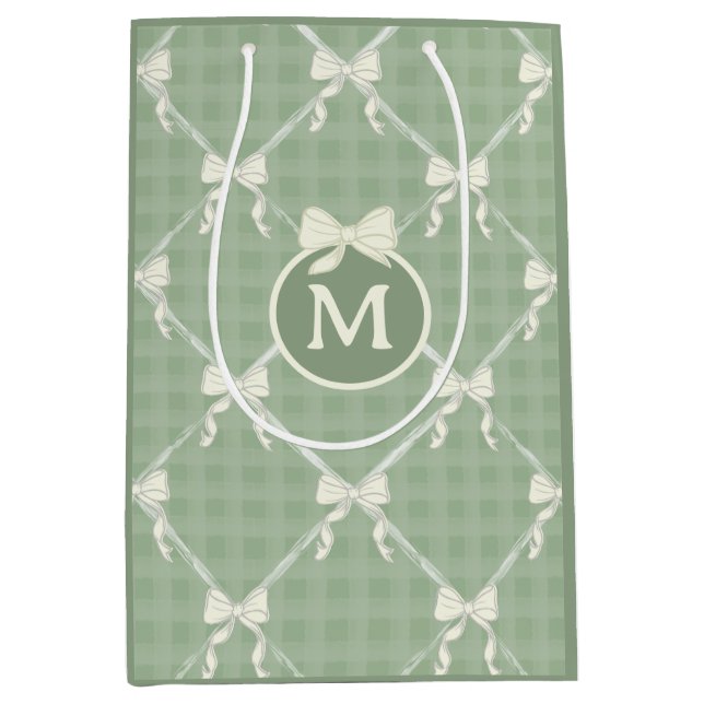 Bolsa De Regalo Mediana Coquette Bows Gingham Monogram Cream Sage Green  (Anverso)