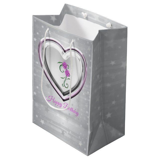 Bolsa De Regalo Mediana Corazón Plateado Y Flores Moradas (Angulo Anverso)