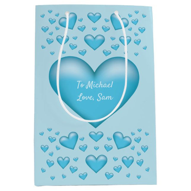 Bolsa De Regalo Mediana Corazones azules con texto Personalizado (Anverso)