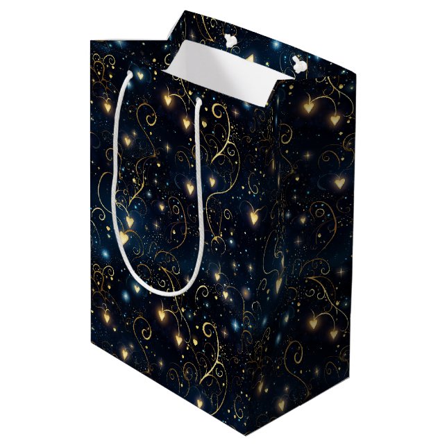 Bolsa De Regalo Mediana Corazones cósmicos brillantes elegantes en azul y  (Angulo reverso)