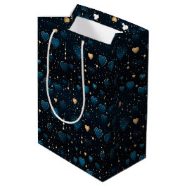 Bolsa De Regalo Mediana Corazones cósmicos elegantes caídos en azul y oro