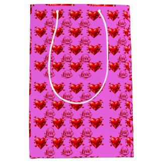 Bolsa De Regalo Mediana Corazones Rojos Brillantes y Escritura de Amor en