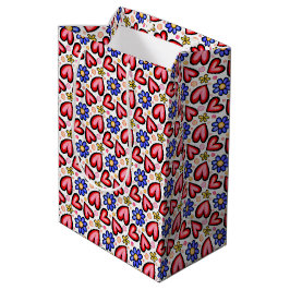 Bolsa De Regalo Mediana Corazones rojos divertidos y flores amarillas mora