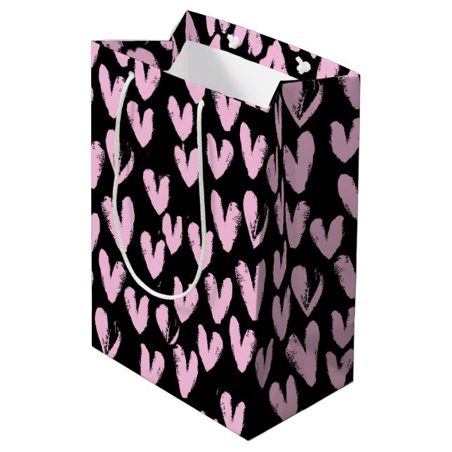 Bolsa De Regalo Mediana Corazones rosados en negro (Angulo reverso)