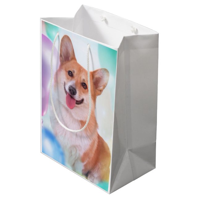 Bolsa De Regalo Mediana Corgi sonriente con los globos (Angulo reverso)