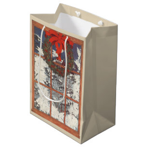 Bolsa De Regalo Mediana Corona de Navidad vintage en una ventana con nieve
