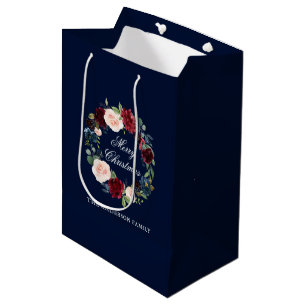 Bolsa De Regalo Mediana Corona floral de acuarela elegante Feliz Navidad