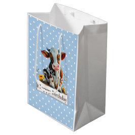 Bolsa De Regalo Mediana Cow Happy Birday Cute Blue