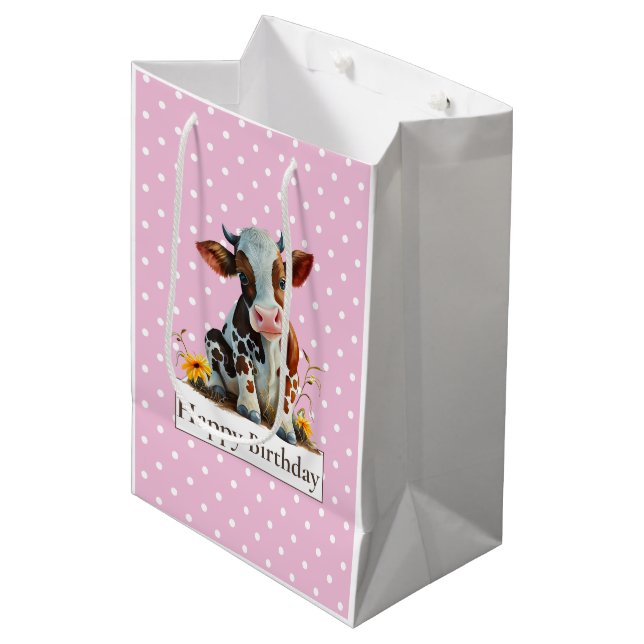 Bolsa De Regalo Mediana Cow Happy Birday Cute Pink (Angulo Anverso)