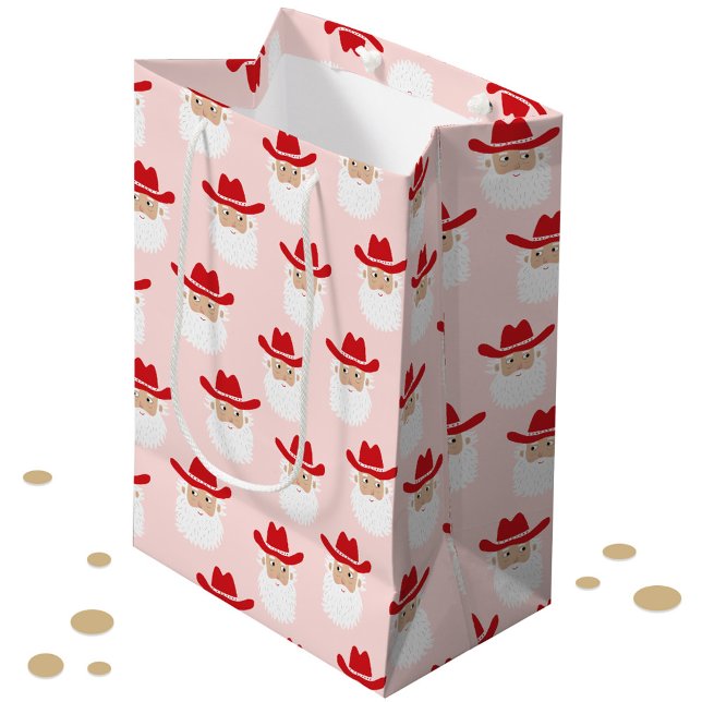 Bolsa De Regalo Mediana Cowboy Santa Claus Western Christmas Pink (Fun Cowboy Santa Claus Western themed Christmas Holiday gift bag)