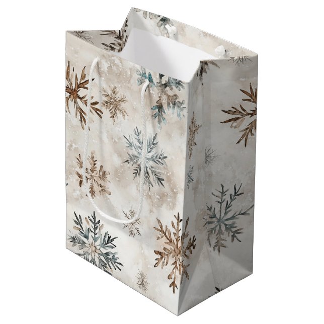 Bolsa De Regalo Mediana Cream Blue Brown Snowflakes Christmas (Angulo Anverso)