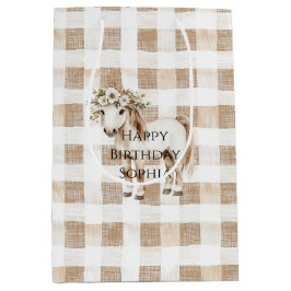 Bolsa De Regalo Mediana Cream White Plaid Stripes Horse Birthday