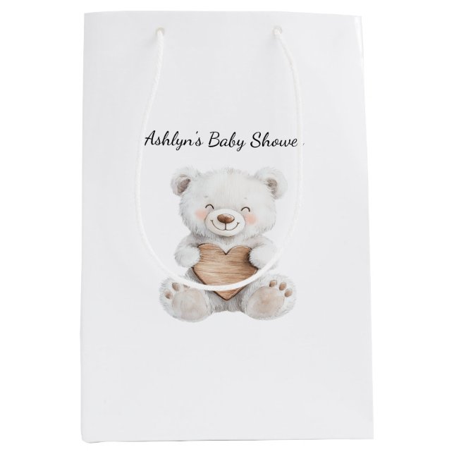 Bolsa De Regalo Mediana Cream White Teddy Bears Hearts Baby Shower (Anverso)