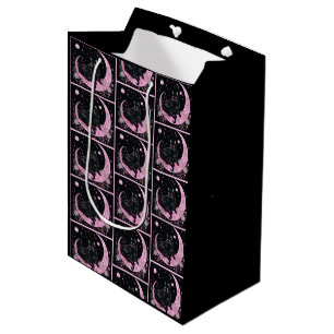 Bolsa De Regalo Mediana Creciente Luna Floral Gato Negro Rosa Halloween