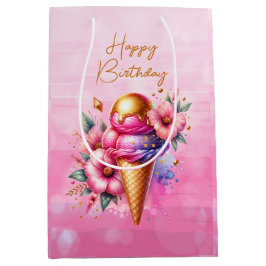 Bolsa De Regalo Mediana Crema de hielo rosa y dorado Cumpleaños dorado