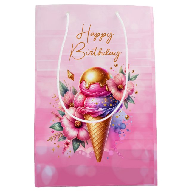 Bolsa De Regalo Mediana Crema de hielo rosa y dorado Cumpleaños dorado (Anverso)