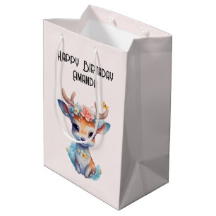 Bolsa De Regalo Mediana Cría de venados con pollas y flores Cumpleaños