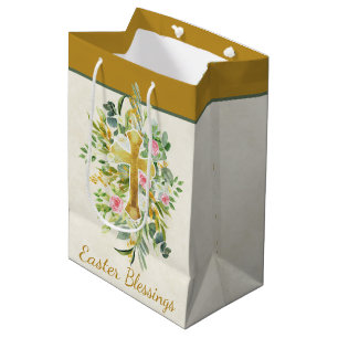 Bolsa De Regalo Mediana Cruz de oro y rosas rosadas personalizado Pascua