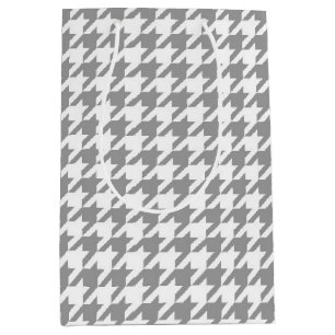 Bolsa De Regalo Mediana Cuadro Houndstooth blanco Gris Ceniza