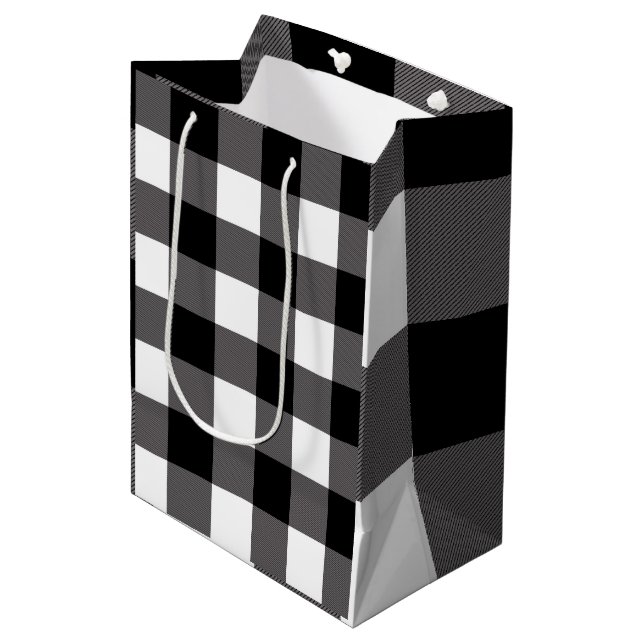Bolsa De Regalo Mediana Cuadros de Plaid de Búfalo de Cuadrados Negros y B (Angulo Anverso)