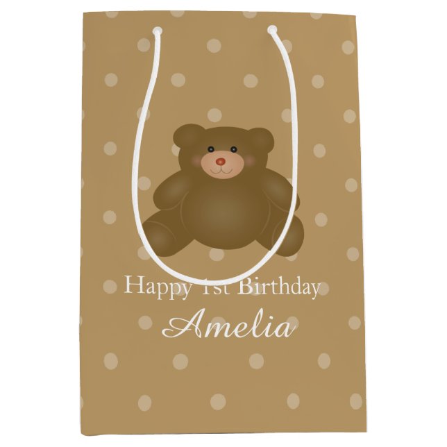 Bolsa De Regalo Mediana Cuidadosamente marrón Teddy Bear Niña Cumpleaños (Anverso)