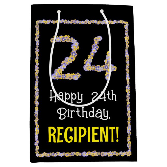 Bolsa De Regalo Mediana Cumpleaños 24: Flores Florales Número, Nombre Pers (Anverso)