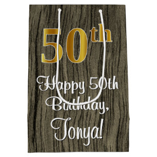 Bolsa De Regalo Mediana Cumpleaños 50: Elegante Faux Gold Look #, Faux Woo