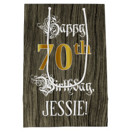 Bolsa De Regalo Mediana Cumpleaños 70: Faux Gold Look & Faux Wood Pattern