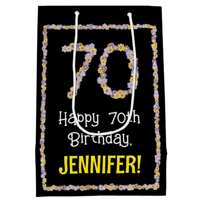 Bolsa De Regalo Mediana Cumpleaños 70: Flores Florales Número, Nombre Pers (Reverso)
