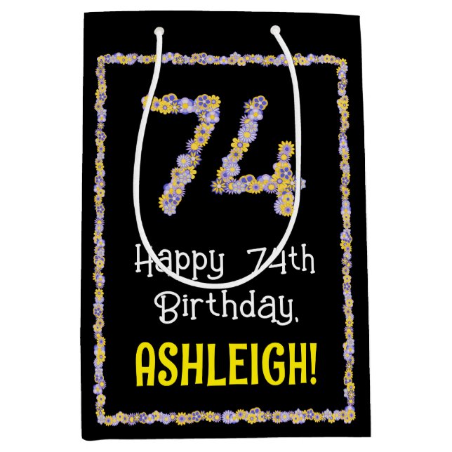 Bolsa De Regalo Mediana Cumpleaños 74: Flores Florales Número, Nombre Pers (Anverso)
