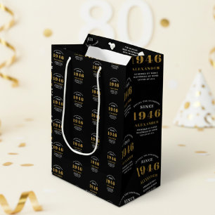 Bolsa De Regalo Mediana Cumpleaños 80 1946 Black Gold Chic Elegante