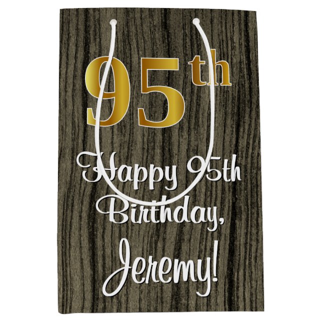 Bolsa De Regalo Mediana Cumpleaños 95: Elegante Faux Gold Look #, Faux Woo (Anverso)