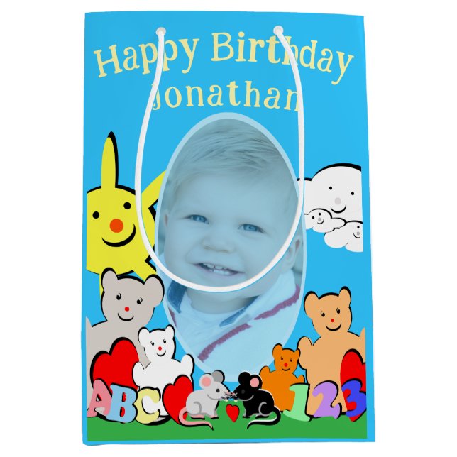 Bolsa De Regalo Mediana Cumpleaños Animales Divertidos Lindo Personalizado (Anverso)