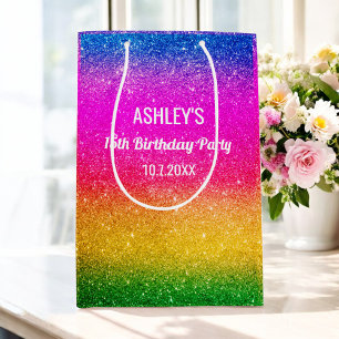Bolsa De Regalo Mediana Cumpleaños Arcoíris Verde Rosa Amarillo Brillo