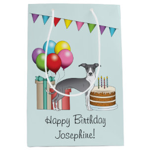 Bolsa De Regalo Mediana Cumpleaños Colorido de Galgo Italiano Blanco y Azu