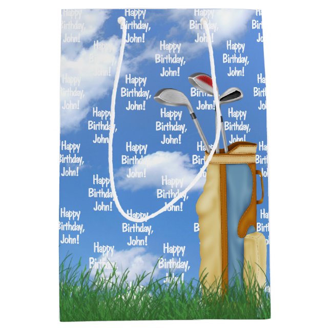 Bolsa De Regalo Mediana Cumpleaños con nombre y bolso de golf en césped (Anverso)